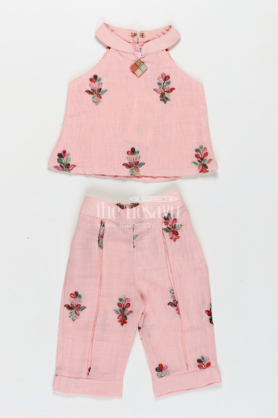 The Nesavu Girls Casual Set Casual Modest Outfits Pink Kora Cotton Girls Set with Embroidered High Neck Top and Floral Trousers Nesavu 18 (2Y) / Pink GPS627A-18 Nesavu Casual Modest Outfits Girls Pink Embroidered Kora Cotton High Neck Top Matching Pants