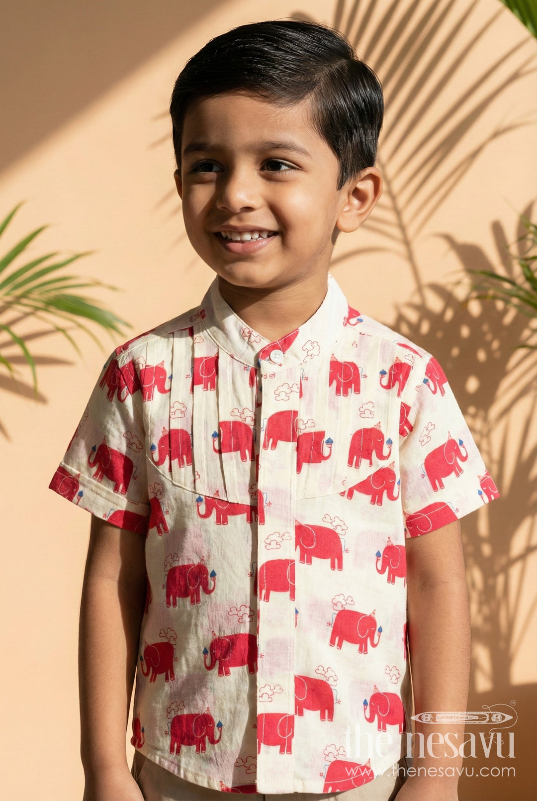 The Nesavu Boys Cotton Shirt Casual Red Elephant Print Cotton Shirt for Boys Festive Animal Motifs Nesavu 16 (1Y) / Pink BS275A-16 Nesavu Cotton Shirt Boys Red Elephant Animal Motifs Ideal Casual Festive Style