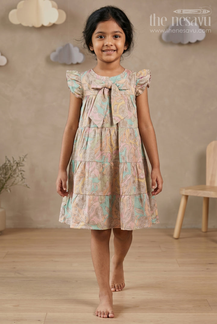 The Nesavu Girls Cotton Frock Casual Wear Frocks for Girls in Cotton with Kantha Stitch Styled Print and Tiered Design Nesavu 18 (2Y) / Beige GFC1699A-18 Casual Wear Frocks Girls Cotton Kantha Stitch Digital Print Bow Detail | The Nesavu