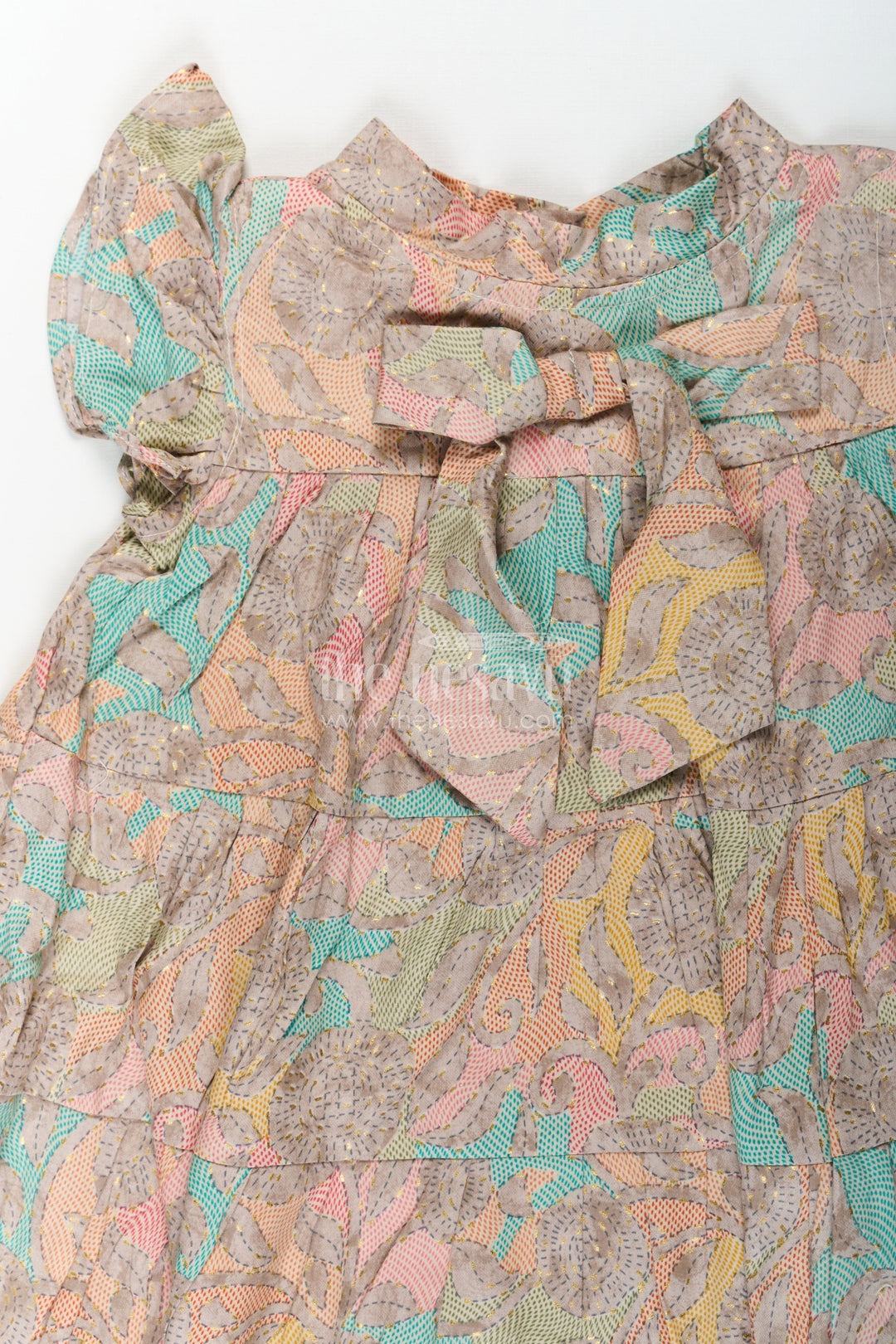 The Nesavu Girls Cotton Frock Casual Wear Frocks for Girls in Cotton with Kantha Stitch Styled Print and Tiered Design Nesavu Nesavu Casual Wear Frocks Girls Cotton Kantha Stitch Digital Print Bow Detail