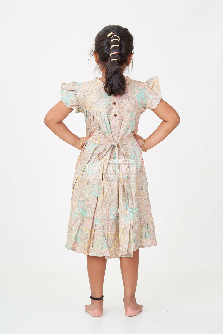 The Nesavu Girls Cotton Frock Casual Wear Frocks for Girls in Cotton with Kantha Stitch Styled Print and Tiered Design Nesavu Nesavu Casual Wear Frocks Girls Cotton Kantha Stitch Digital Print Bow Detail
