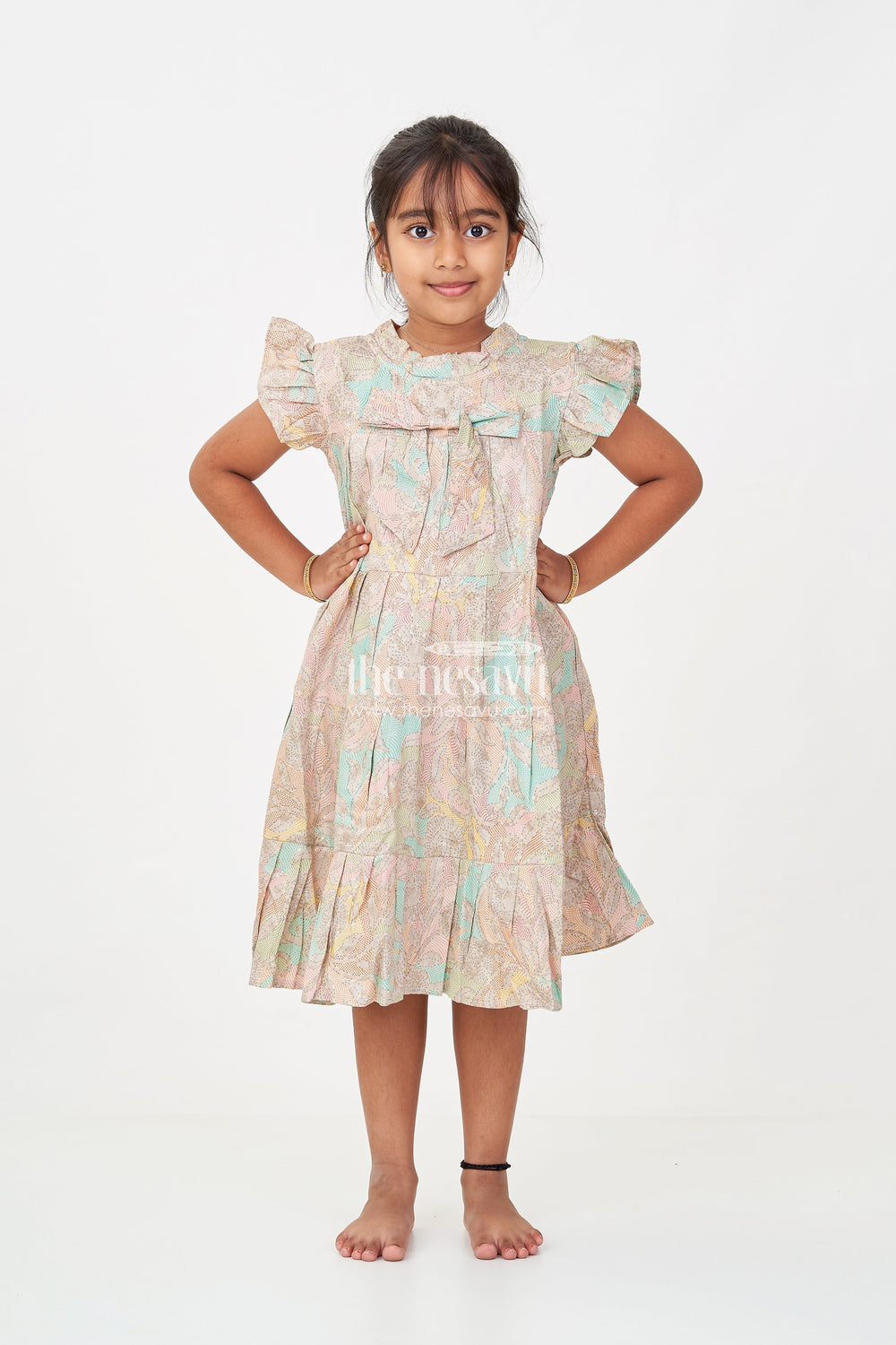 The Nesavu Girls Cotton Frock Casual Wear Frocks for Girls in Cotton with Kantha Stitch Styled Print and Tiered Design Nesavu Nesavu Casual Wear Frocks Girls Cotton Kantha Stitch Digital Print Bow Detail