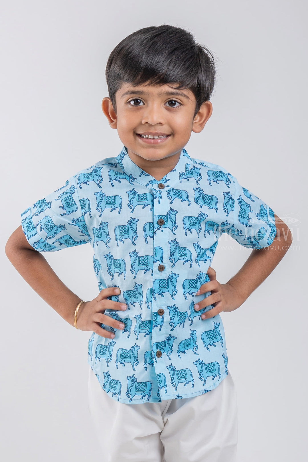 The Nesavu Boys Cotton Shirt Celebrate Cultural Heritage with Boys' Pichwai Cow Print Shirt | Cotton | Nesavu psr silks Nesavu 14 (6M) / Blue / Cotton BS039A