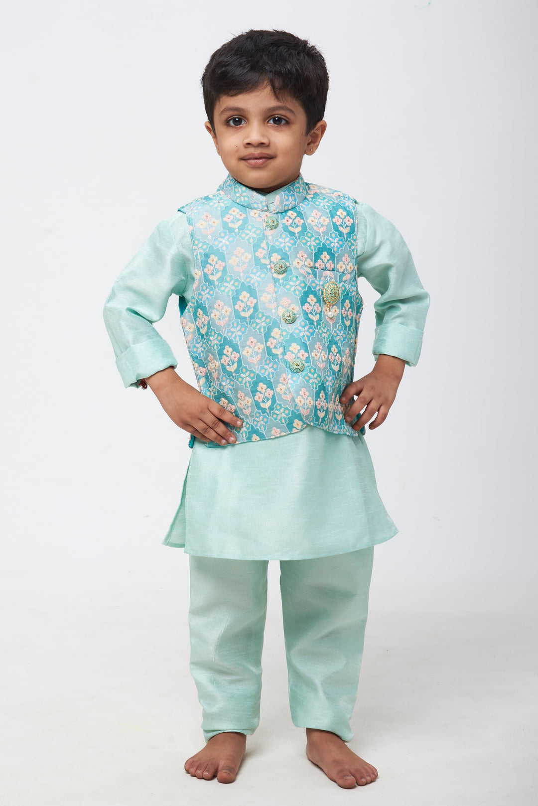 The Nesavu Boys Jacket Sets Celestial Blossom: Boys Embroidered Blue Kurta Set with Delicate Floral Patterns Nesavu 12 (3M) / Blue / Silk Blend BES418A-12 Boys Kurta & Pant with Jacket | Blend of Tradition & Contemporary Style | The Nesavu