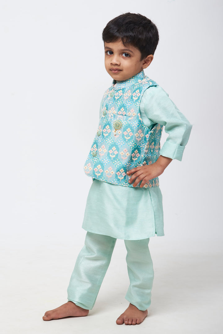 The Nesavu Boys Jacket Sets Celestial Blossom: Boys Embroidered Blue Kurta Set with Delicate Floral Patterns Nesavu Boys Kurta & Pant with Jacket | Blend of Tradition & Contemporary Style | The Nesavu