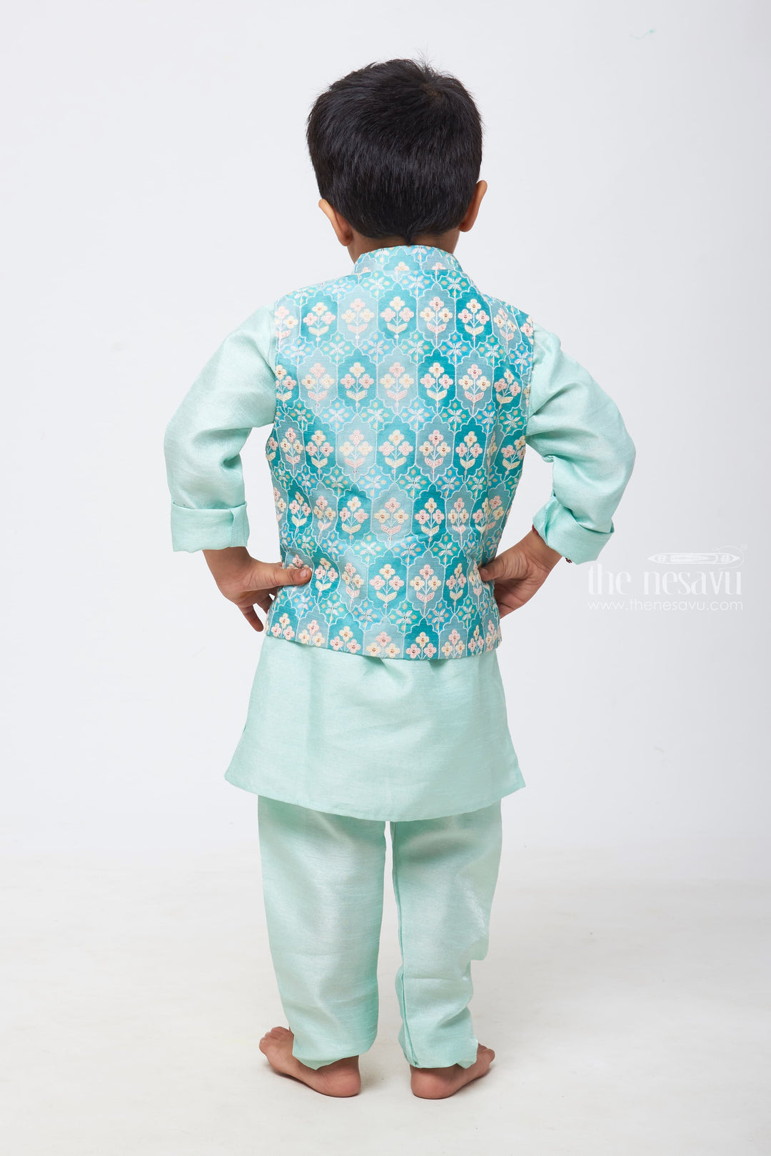 The Nesavu Boys Jacket Sets Celestial Blossom: Boys Embroidered Blue Kurta Set with Delicate Floral Patterns Nesavu Boys Kurta & Pant with Jacket | Blend of Tradition & Contemporary Style | The Nesavu