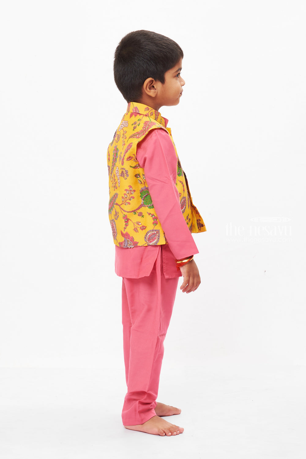 The Nesavu Boys Jacket Sets Ceremonial Marigold Majesty: Boys Festive Kurta & Pant Set Nesavu Shop Boys Purple Kurta Pant Jacket Set for Ugadi, Tamil New Year | The Nesavu