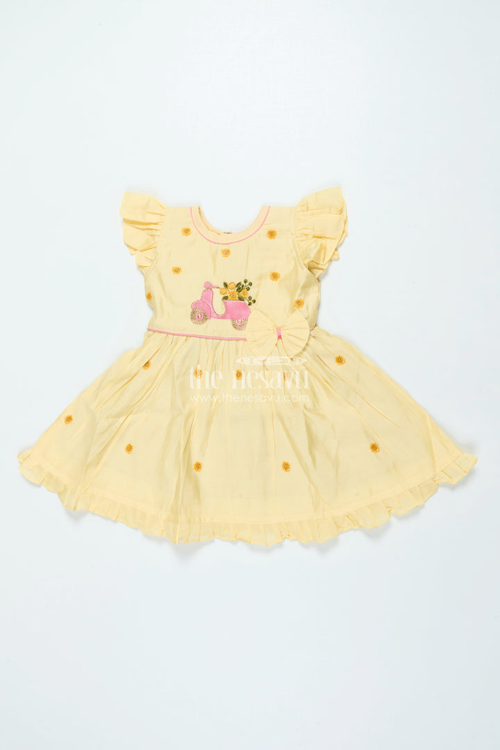 The Nesavu Girls Chanderi Frock Chanderi Cotton Frock for Baby Girls for Birthdays and Casual Festive Days Nesavu 16 (1Y) / Yellow GFC1999A-16 Nesavu chanderi frock baby girls embroidery scooter motif birthdays outings
