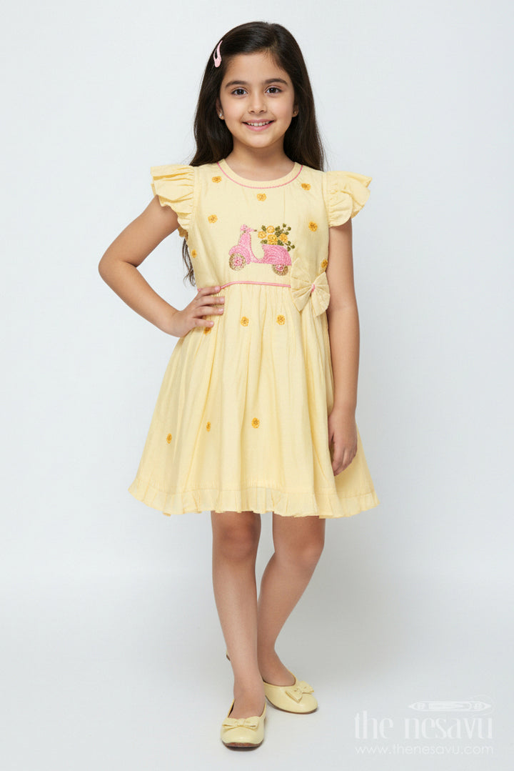 The Nesavu Girls Chanderi Frock Chanderi Cotton Frock for Baby Girls for Birthdays and Casual Festive Days Nesavu 16 (1Y) / Yellow GFC1999A-16 Nesavu chanderi frock baby girls embroidery scooter motif birthdays outings