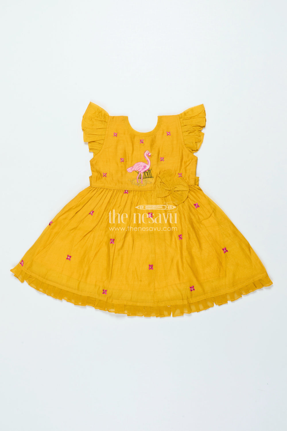 The Nesavu Girls Chanderi Frock Chanderi Embroidered Frock for Baby Girls for Festive Celebrations and Rituals Nesavu 16 (1Y) / Yellow GFC2000A-16 Nesavu chanderi cotton frock flamingo embroidery baby girls poojas festivals