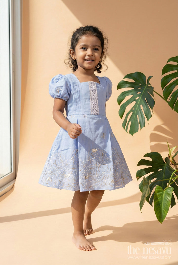 The Nesavu Girls Chanderi Frock Chanderi Frock for Toddler Girls for Weddings and Festive Events Nesavu 20 (3Y) / Blue GFC1827B-20 Nesavu chanderi embroidered frock toddler girls weddings traditional functions