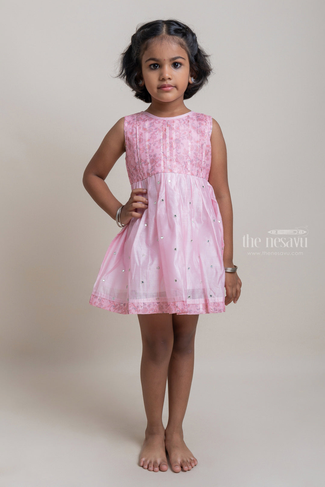The Nesavu Girls Fancy Frock Charming Baby Pink Floral Printed Sleeveless Chanderi Frock For Girls Nesavu 16 (1Y) / Pink / Chanderi GFC995A-16 High Quality Floral Printed Frock For Girls | Girls Casual Collection | The Nesavu