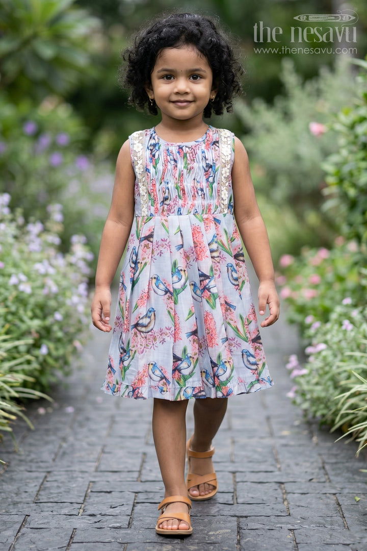 The Nesavu Girls Cotton Frock Charming Bird & Floral Printed Cotton Frock for Girlsfresh Spring Collection Nesavu 16 (1Y) / Gray / Cotton GFC1201B-16 Girls Designer Cotton Print Frocks | The Nesavu