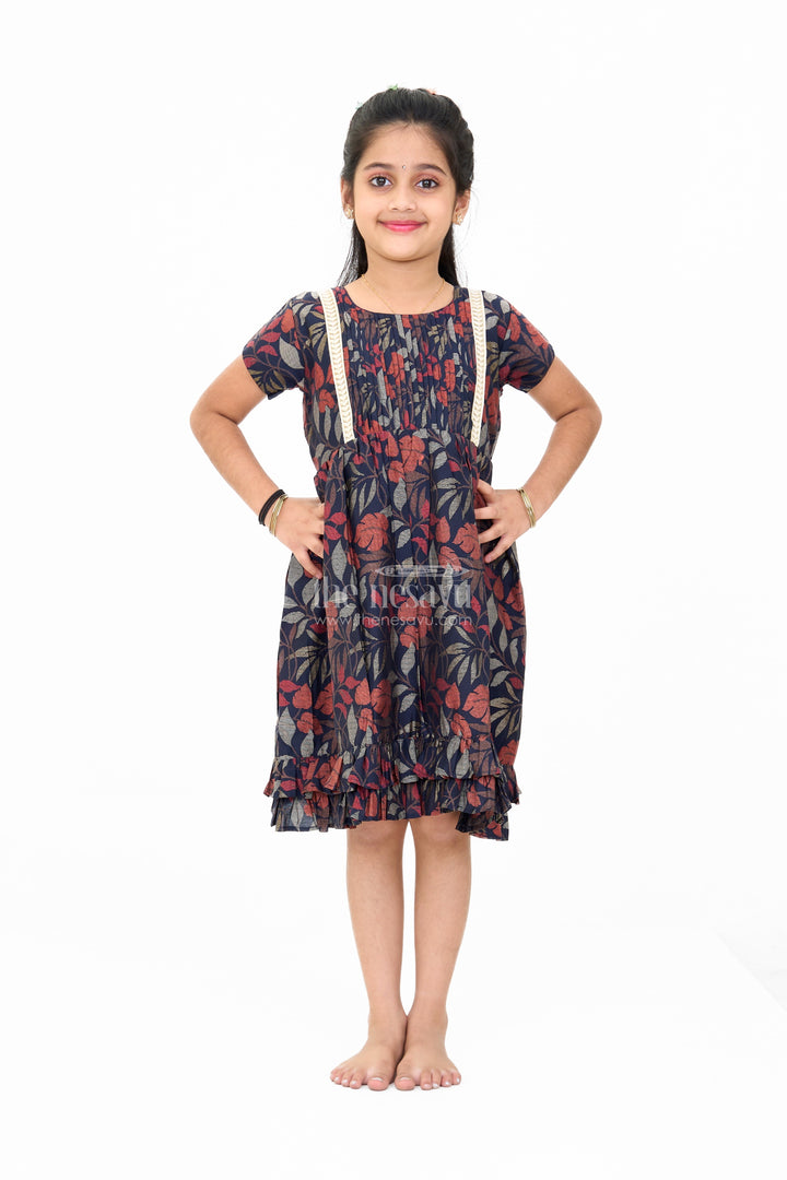 The Nesavu Girls Cotton Frock Charming Black Cotton Party Frock for Girls with Elegant Leaf Print and Frill Hem Nesavu 16 (1Y) / Black GFC1598A-16 Nesavu Charming Black Cotton Party Frock Girls Elegant Leaf Print Frill Hem