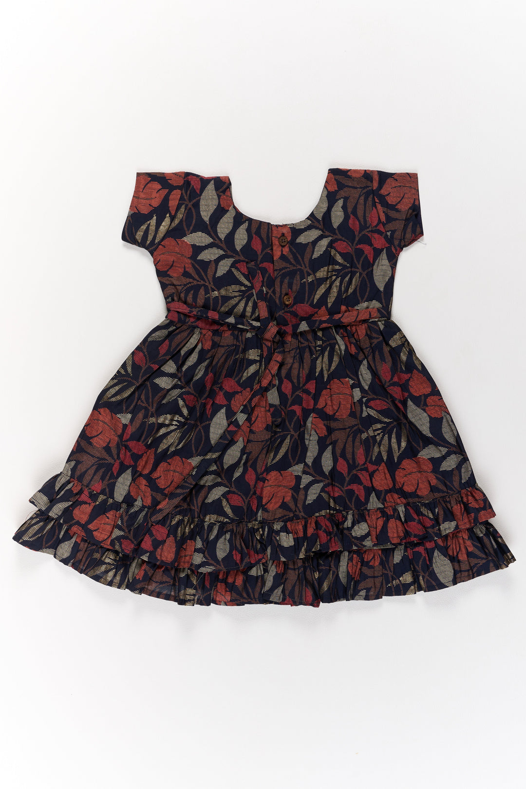 The Nesavu Girls Cotton Frock Charming Black Cotton Party Frock for Girls with Elegant Leaf Print and Frill Hem Nesavu Charming Black Cotton Party Frock Girls Elegant Leaf Print Frill Hem | The Nesavu