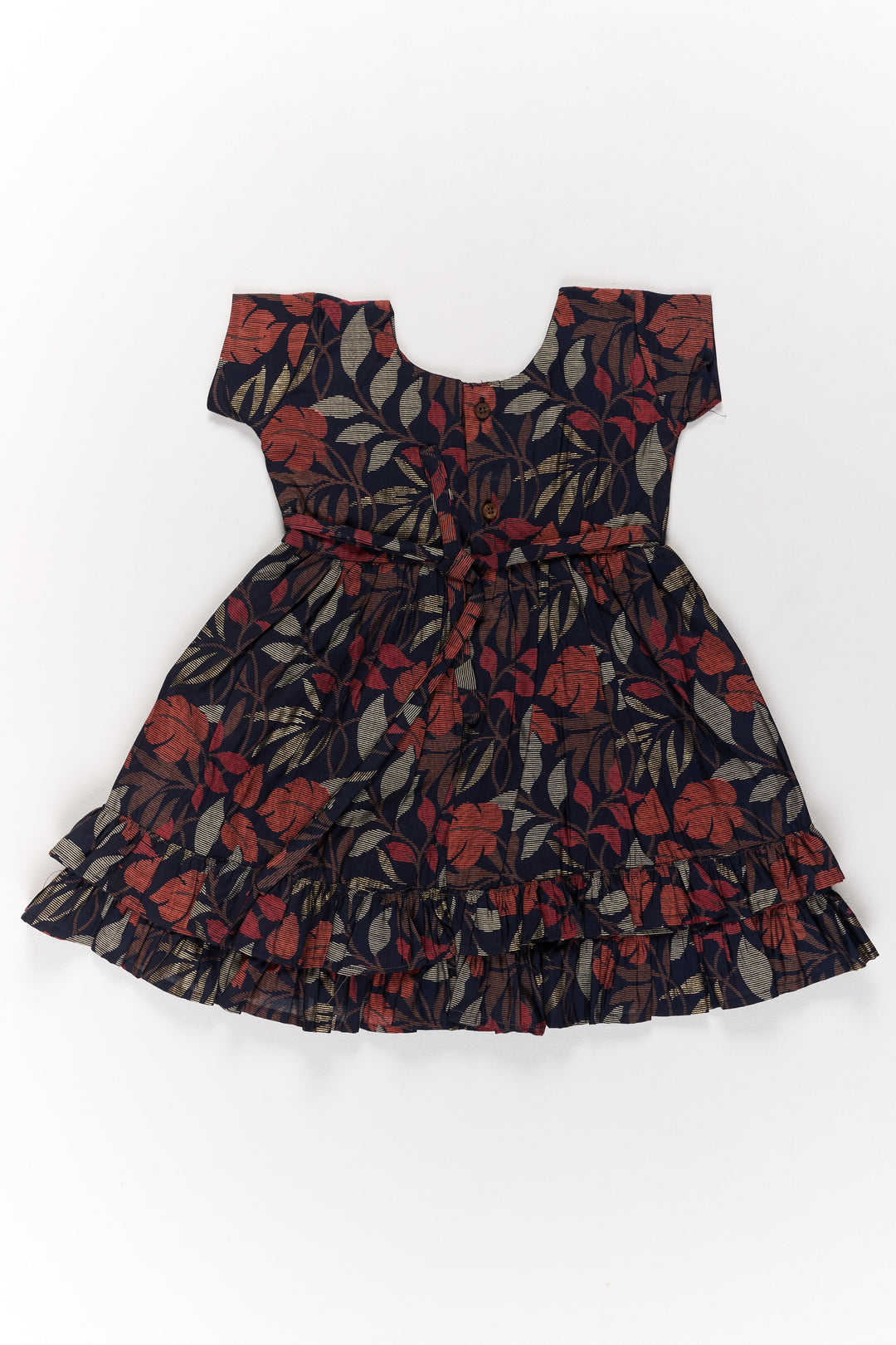 The Nesavu Girls Cotton Frock Charming Black Cotton Party Frock for Girls with Elegant Leaf Print and Frill Hem Nesavu Nesavu Charming Black Cotton Party Frock Girls Elegant Leaf Print Frill Hem