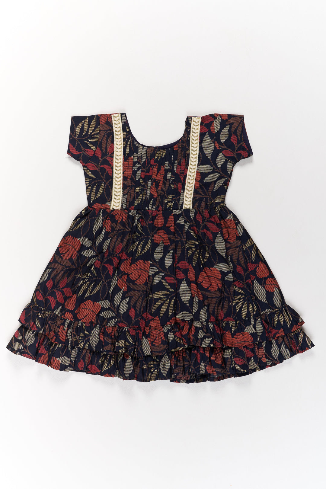 The Nesavu Girls Cotton Frock Charming Black Cotton Party Frock for Girls with Elegant Leaf Print and Frill Hem Nesavu Nesavu Charming Black Cotton Party Frock Girls Elegant Leaf Print Frill Hem