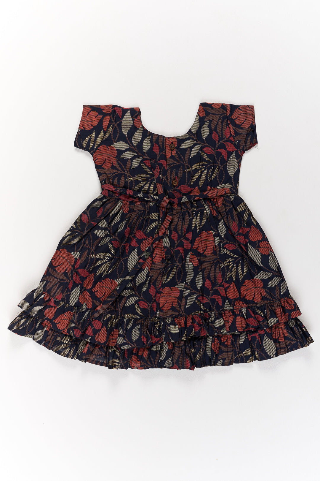 The Nesavu Girls Cotton Frock Charming Black Cotton Party Frock for Girls with Elegant Leaf Print and Frill Hem Nesavu Nesavu Charming Black Cotton Party Frock Girls Elegant Leaf Print Frill Hem