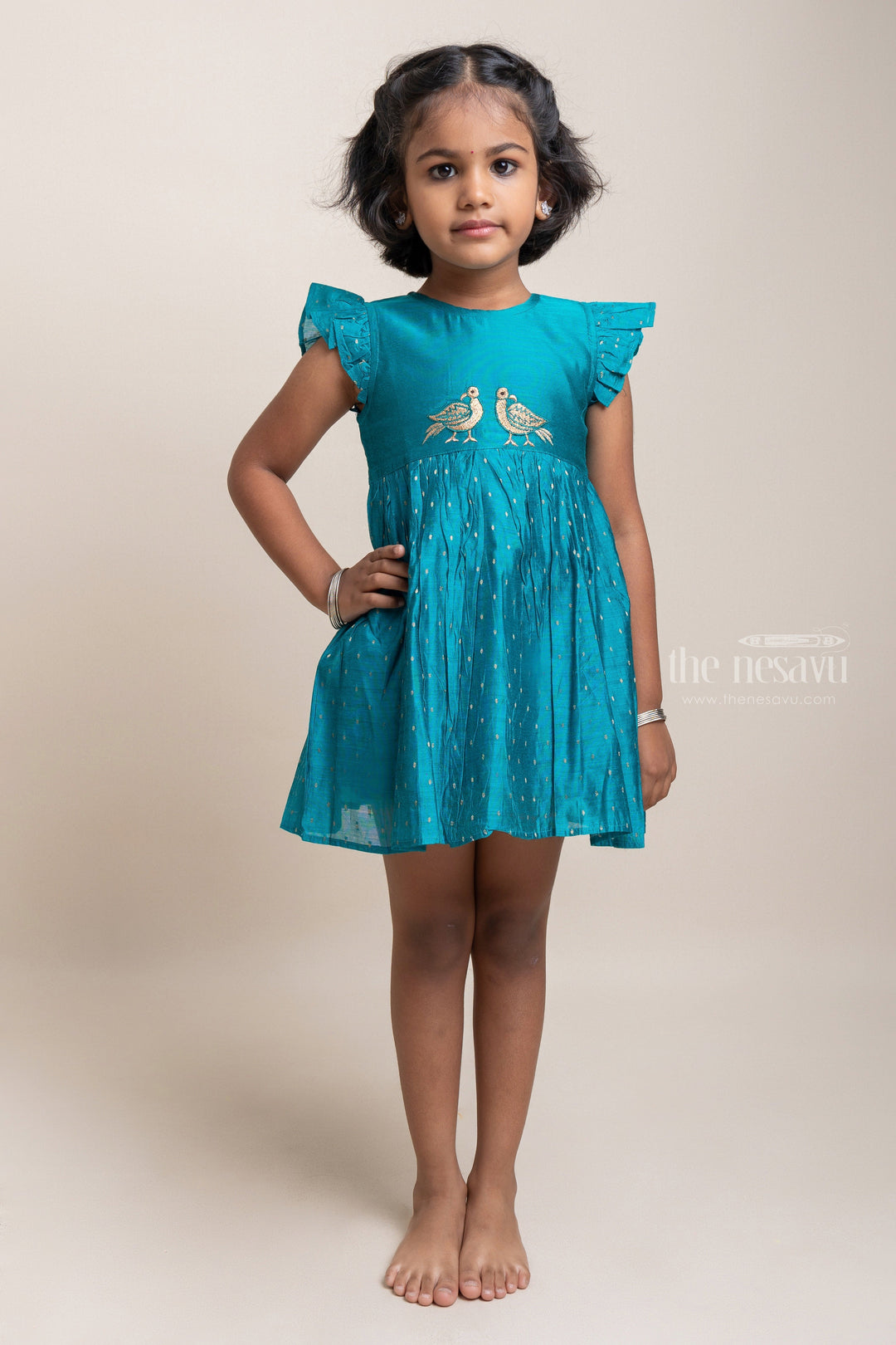 The Nesavu Girls Fancy Frock Charming Blue Bird Embroidered Casual Chanderi Frock For Girls Nesavu 16 (1Y) / Blue / Chanderi GFC998B-16 Pretty Pink Cotton Frock For Girls | Premium Girls Collection | The Nesavu