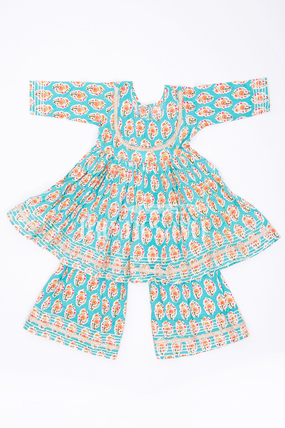The Nesavu Girls Sharara / Plazo Set Charming Blue Jaipur Hand Block Print Cotton Kurta Palazzo Set for Girls Nesavu 16 (1Y) / multicolor GPS340A-16 Blue Jaipur Hand Block Print Cotton Kurta Palazzo Set for Girls