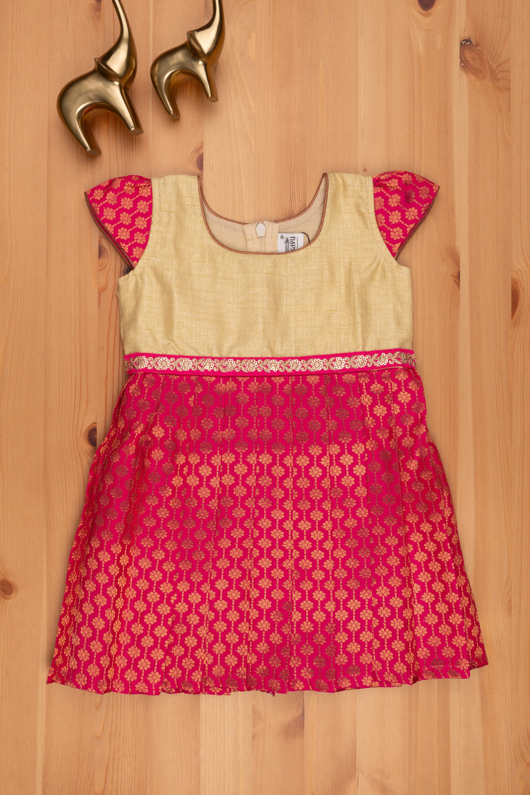 The Nesavu Silk Frock Charming Brocade Designer Pattu dress in Pink with Beige Yoke Nesavu 16 (1Y) / Pink SF650-16 Traditional silk Frock for Festives | New Silk Frock Designs for Girls | The Nesavu