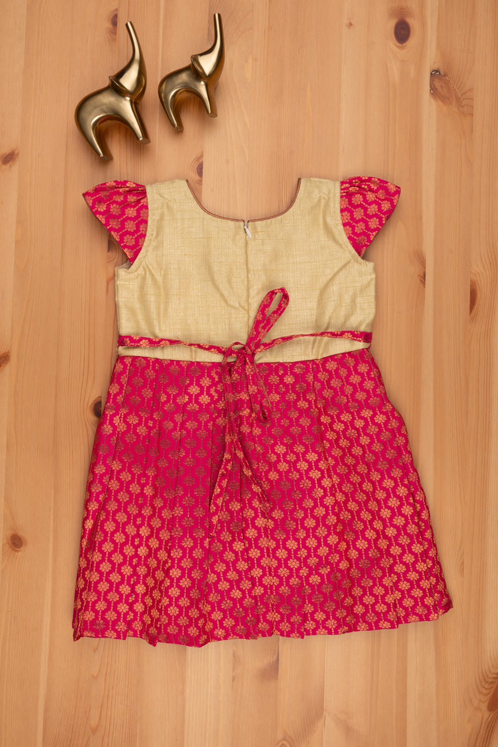 The Nesavu Silk Frock Charming Brocade Designer Pattu dress in Pink with Beige Yoke Nesavu Traditional silk Frock for Festives | New Silk Frock Designs for Girls | The Nesavu