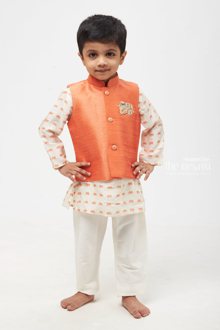 The Nesavu Boys Jacket Sets Charming Cartoon Printed Overcoat & Blue Mandarin Collar Kurta with Pant Set for Boys Nesavu Boys Animal Printed Kurta & Pant Set with Orange Overcoat - Vibrant Festive Ensemble | The Nesavu