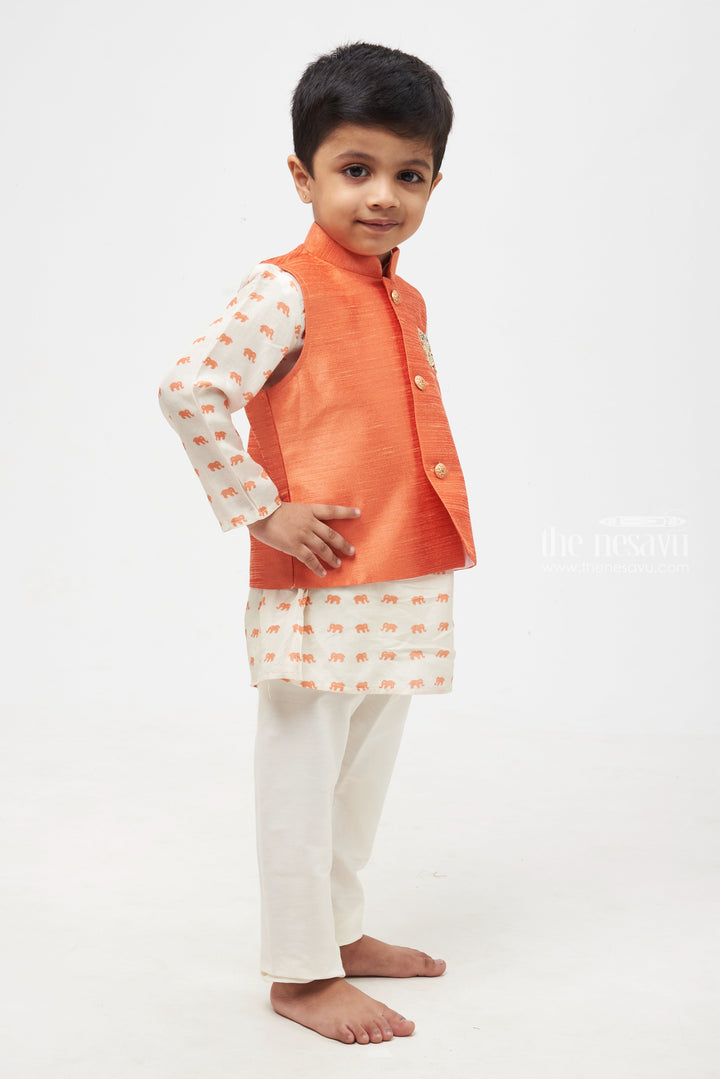 The Nesavu Boys Jacket Sets Charming Cartoon Printed Overcoat & Blue Mandarin Collar Kurta with Pant Set for Boys Nesavu Boys Animal Printed Kurta & Pant Set with Orange Overcoat - Vibrant Festive Ensemble | The Nesavu