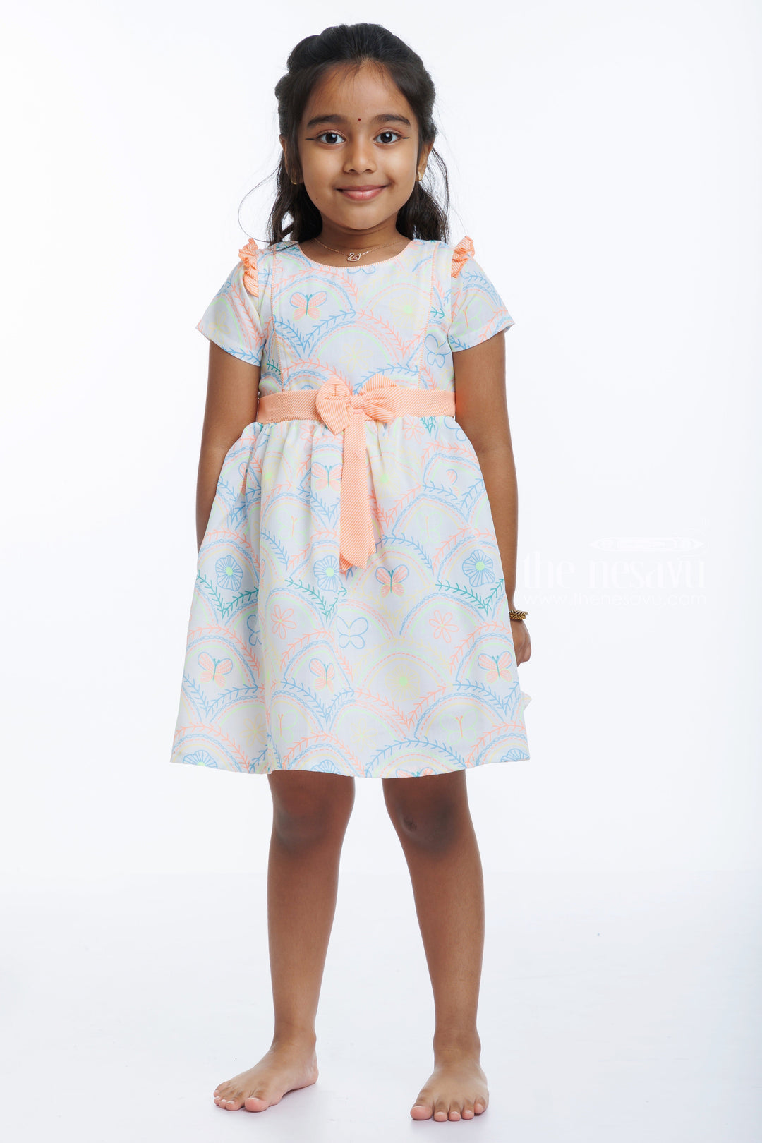 The Nesavu Girls Cotton Frock Charming Cotton Frock for Young Girls - Perfect for Festivities and Daily Wear Nesavu 20 (3Y) / Salmon / Cotton GFC1305A-20 Buy Girls A line Cotton Frocks Online | Festive  Casual Cotton Dresses for Girls | The Nesavu