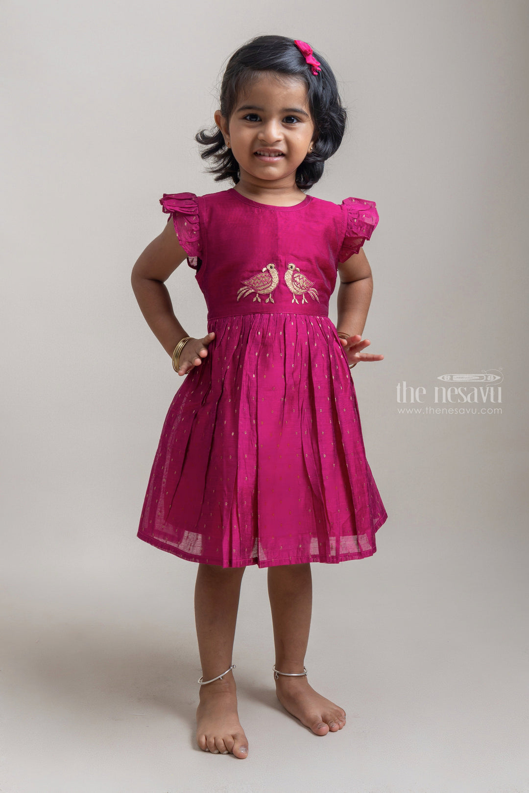 The Nesavu Girls Fancy Frock Charming Deeppink Bird Embroidered Chanderi Frock For Girls Nesavu 16 (1Y) / Purple / Chanderi GFC998A Pretty Pink Cotton Frock For Girls | Premium Girls Collection | The Nesavu