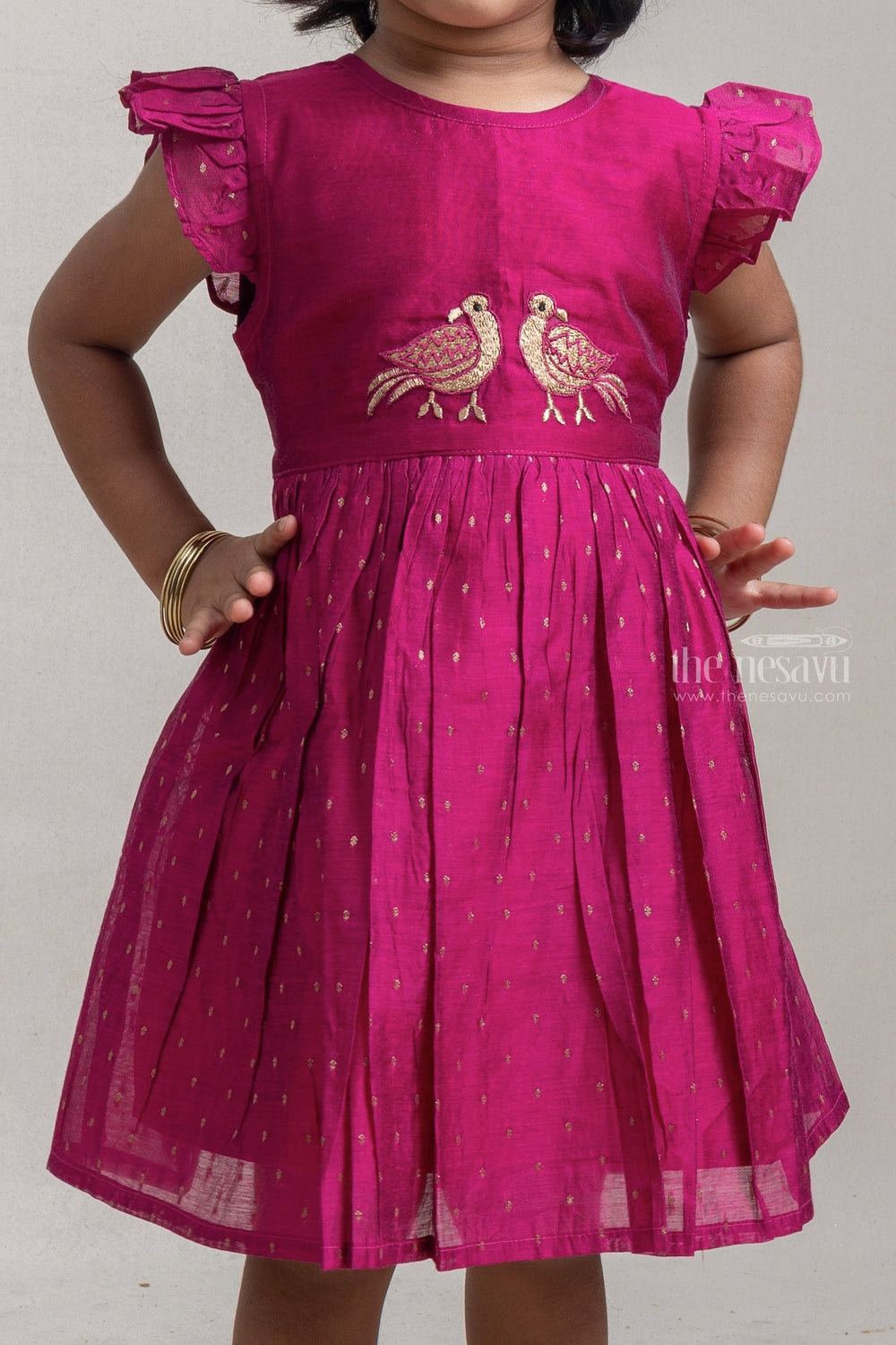 The Nesavu Girls Fancy Frock Charming Deeppink Bird Embroidered Chanderi Frock For Girls Nesavu Pretty Pink Cotton Frock For Girls | Premium Girls Collection | The Nesavu