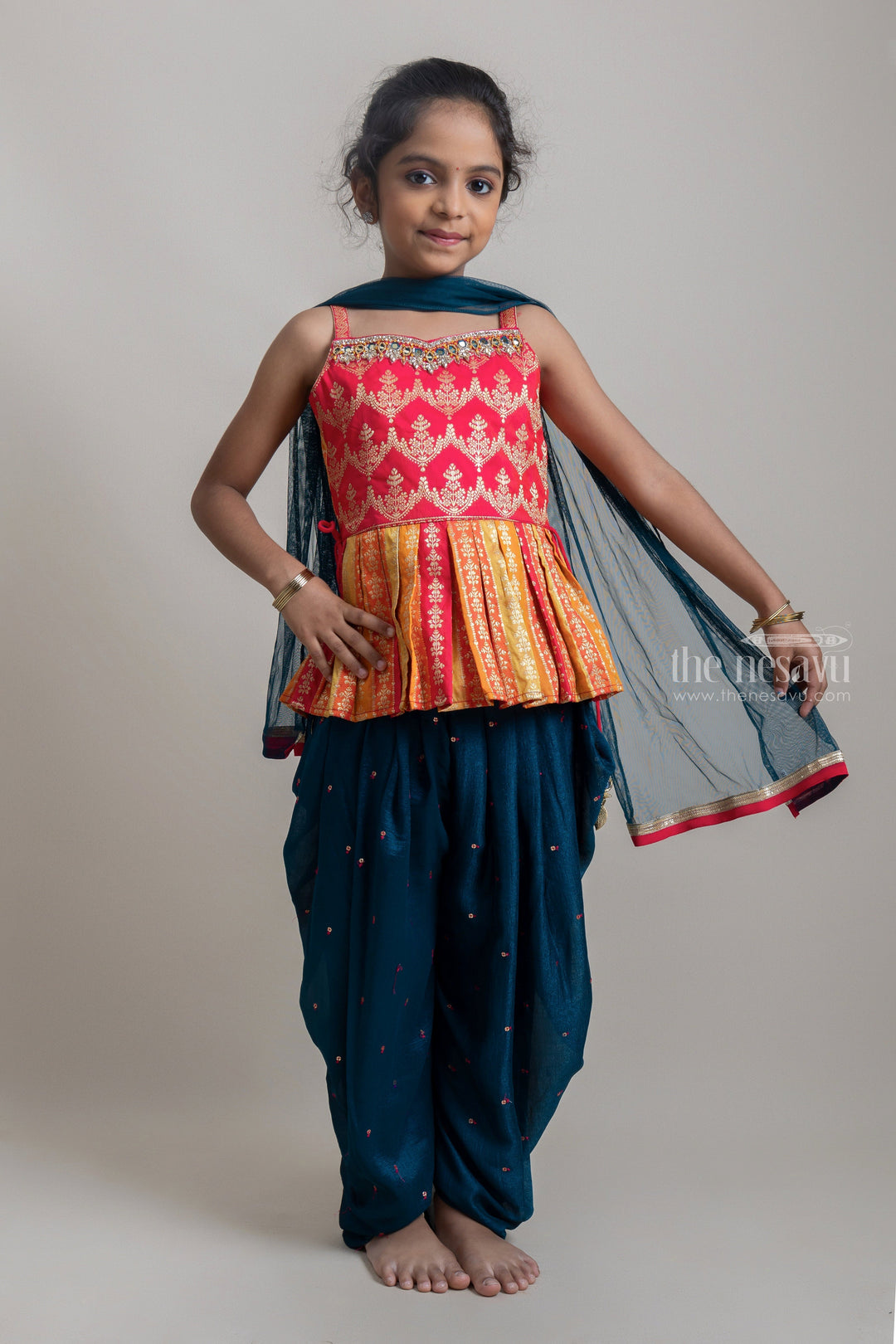 The Nesavu Girls Dothi Sets Charming Deeppink Stone Embroidery Peplum Blouse And Navy Blue Patiyala Pant for Girls Nesavu 18 (2Y) / Blue GPS129 Ethnic Dresses For Young girls | Patiyala Pant set For Girls | The Nesavu