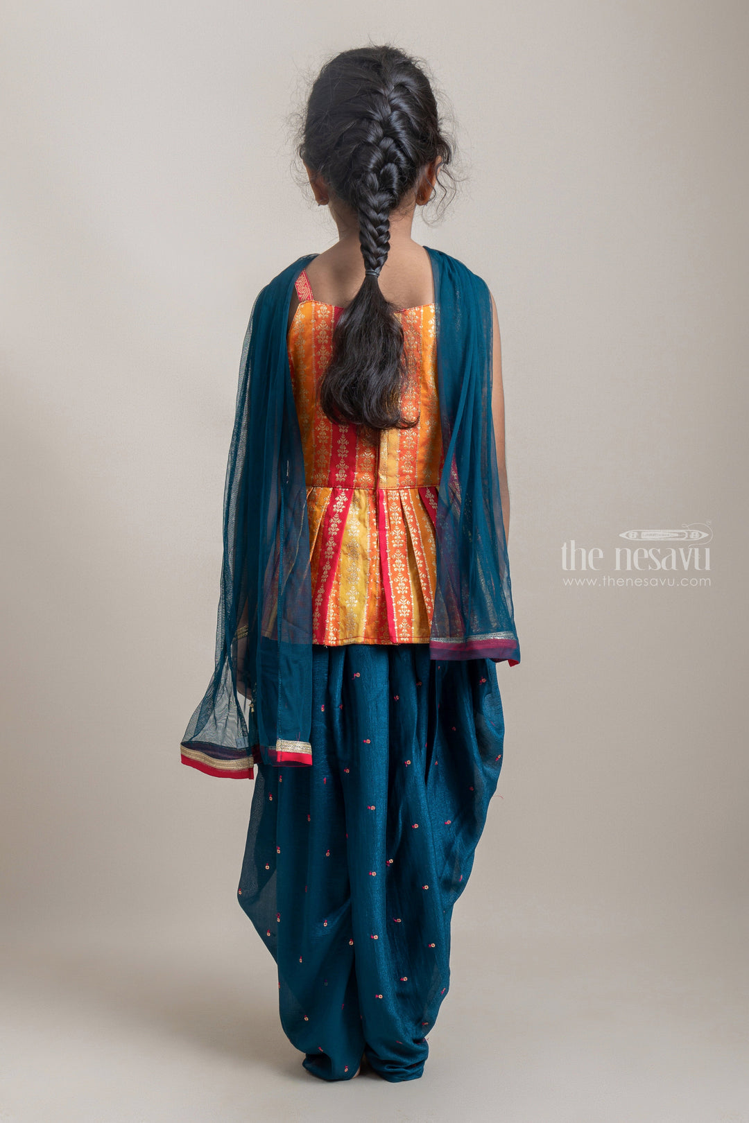 The Nesavu Girls Dothi Sets Charming Deeppink Stone Embroidery Peplum Blouse And Navy Blue Patiyala Pant for Girls Nesavu Ethnic Dresses For Young girls | Patiyala Pant set For Girls | The Nesavu