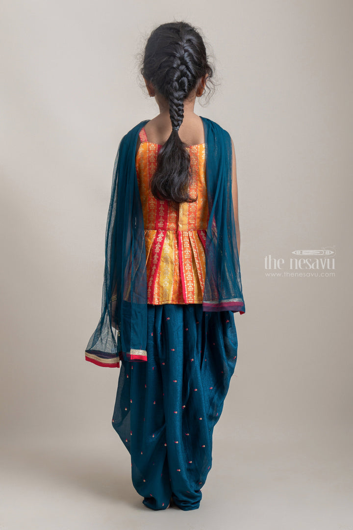 The Nesavu Girls Dothi Sets Charming Deeppink Stone Embroidery Peplum Blouse And Navy Blue Patiyala Pant for Girls Nesavu Ethnic Dresses For Young girls | Patiyala Pant set For Girls | The Nesavu