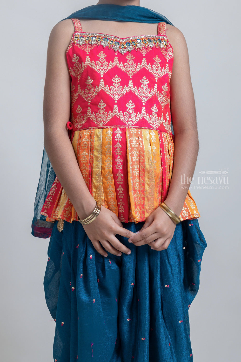 The Nesavu Girls Dothi Sets Charming Deeppink Stone Embroidery Peplum Blouse And Navy Blue Patiyala Pant for Girls Nesavu Ethnic Dresses For Young girls | Patiyala Pant set For Girls | The Nesavu