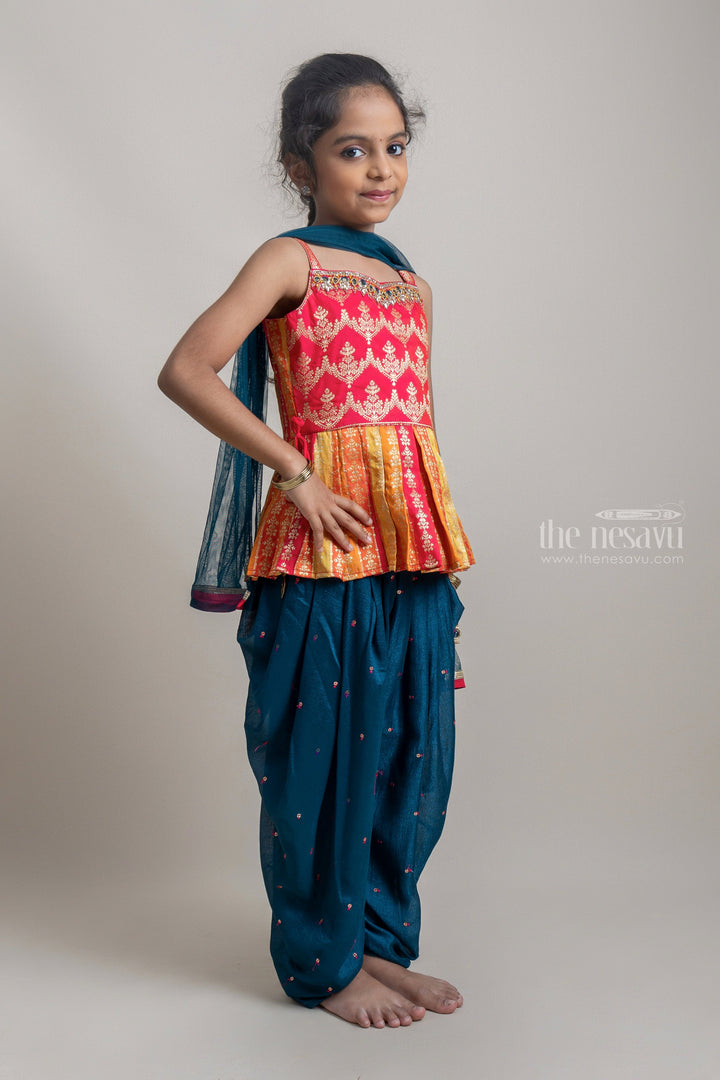 The Nesavu Girls Dothi Sets Charming Deeppink Stone Embroidery Peplum Blouse And Navy Blue Patiyala Pant for Girls Nesavu Ethnic Dresses For Young girls | Patiyala Pant set For Girls | The Nesavu