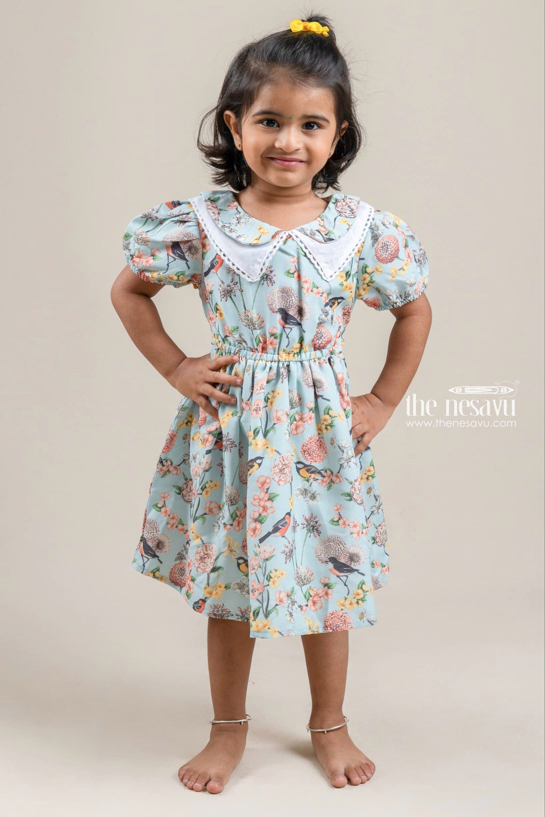 The Nesavu Girls Fancy Frock Charming Floral N Bird Printed Turquoise Casual Cotton Frock For Girls Nesavu 18 (2Y) / Blue / Rayon GFC1039A-18 Floral Printed Cotton frock For Kids | New Cotton Dress For Girls | The Nesavu
