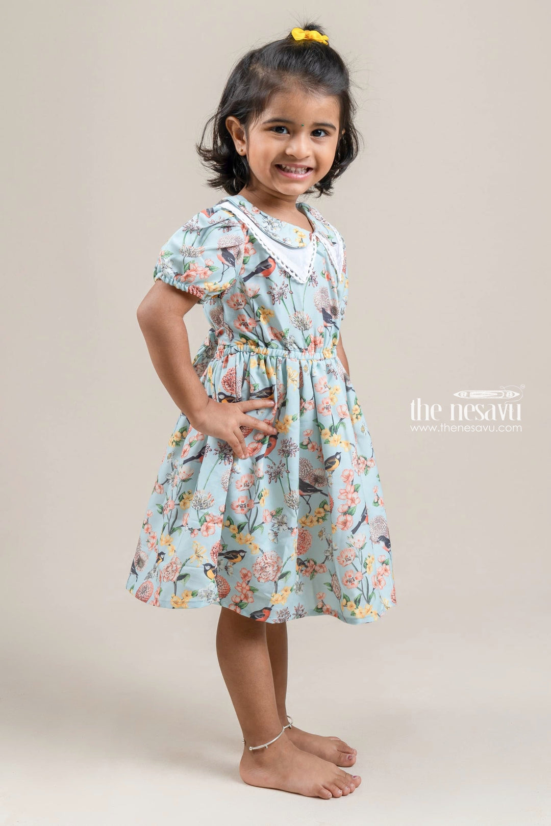 The Nesavu Girls Fancy Frock Charming Floral N Bird Printed Turquoise Casual Cotton Frock For Girls Nesavu Floral Printed Cotton frock For Kids | New Cotton Dress For Girls | The Nesavu