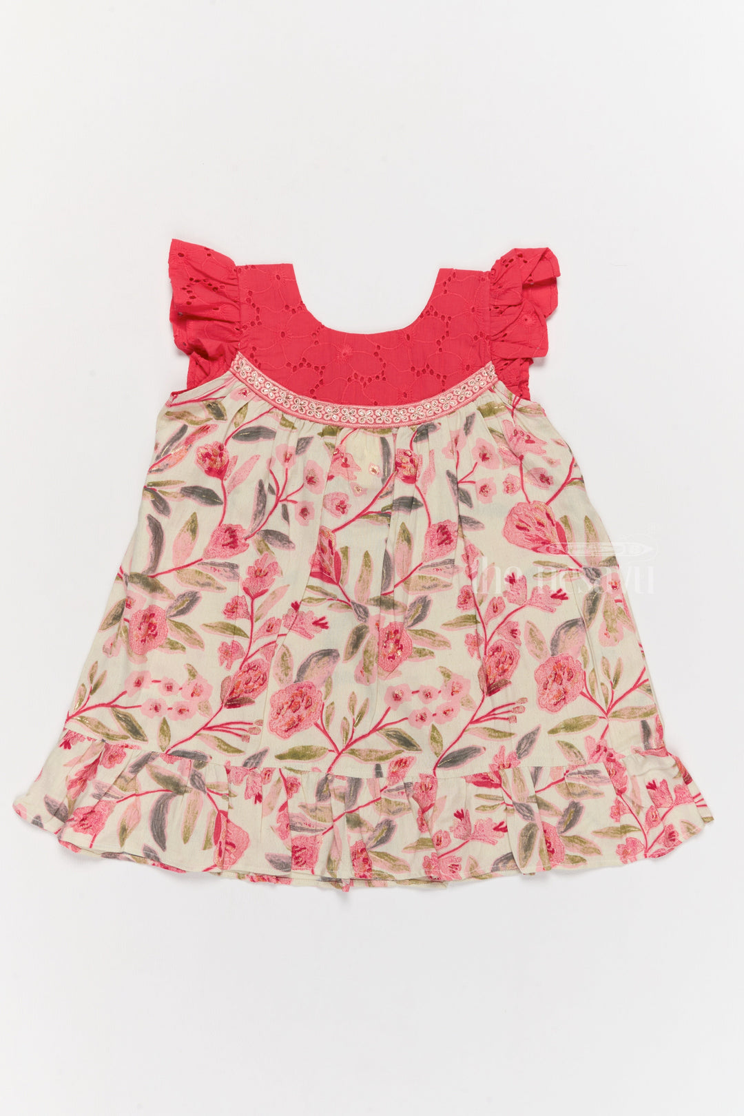 The Nesavu Girls Cotton Frock Charming Girls Cotton Lined Dress with Floral Print and Elegant Lace Detailing Nesavu Nesavu Girls Cotton Lined Dress Pink Floral Print Ruffled Hemline Lace Accents