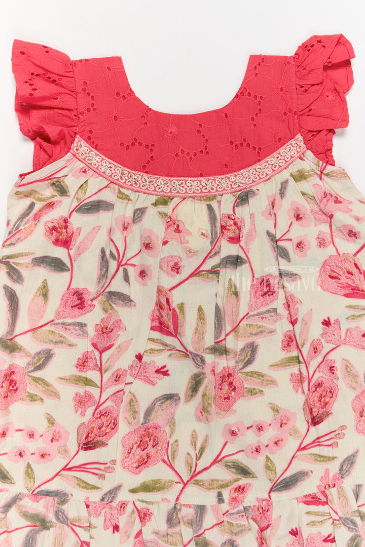 The Nesavu Girls Cotton Frock Charming Girls Cotton Lined Dress with Floral Print and Elegant Lace Detailing Nesavu Nesavu Girls Cotton Lined Dress Pink Floral Print Ruffled Hemline Lace Accents