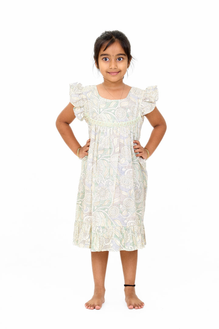 The Nesavu Girls Cotton Frock Charming Girls Ethnic Cotton Dress with Traditional Floral Print and Delicate Lace Nesavu 16 (1Y) / Green GFC1549C-16 Nesavu Girls Ethnic Cotton Dress Traditional Floral Print Lace Accents Ruffle Details