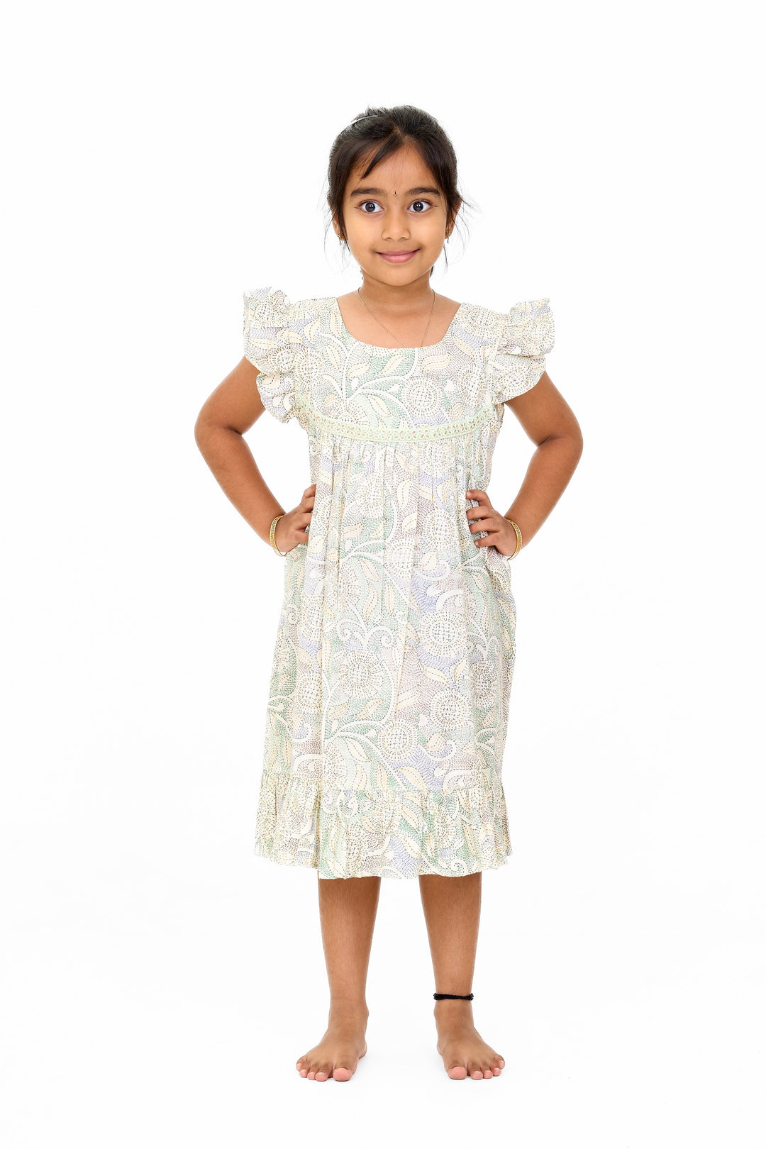 The Nesavu Girls Cotton Frock Charming Girls Ethnic Cotton Dress with Traditional Floral Print and Delicate Lace Nesavu 16 (1Y) / Green GFC1549C-16 Nesavu Girls Ethnic Cotton Dress Traditional Floral Print Lace Accents Ruffle Details