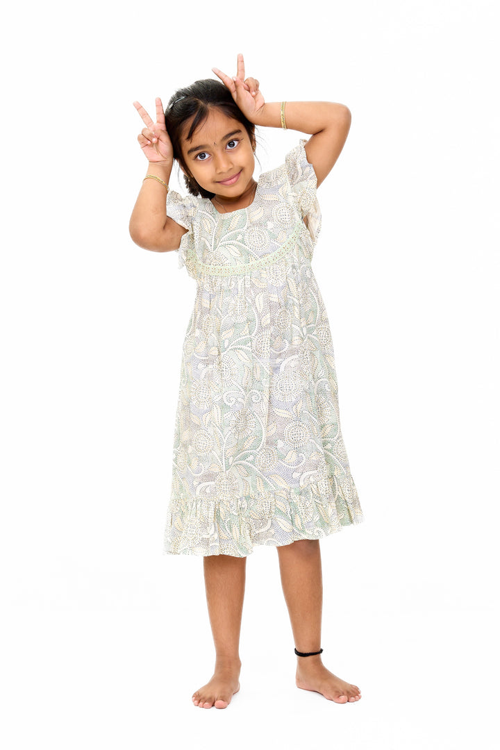 The Nesavu Girls Cotton Frock Charming Girls Ethnic Cotton Dress with Traditional Floral Print and Delicate Lace Nesavu Nesavu Girls Ethnic Cotton Dress Traditional Floral Print Lace Accents Ruffle Details