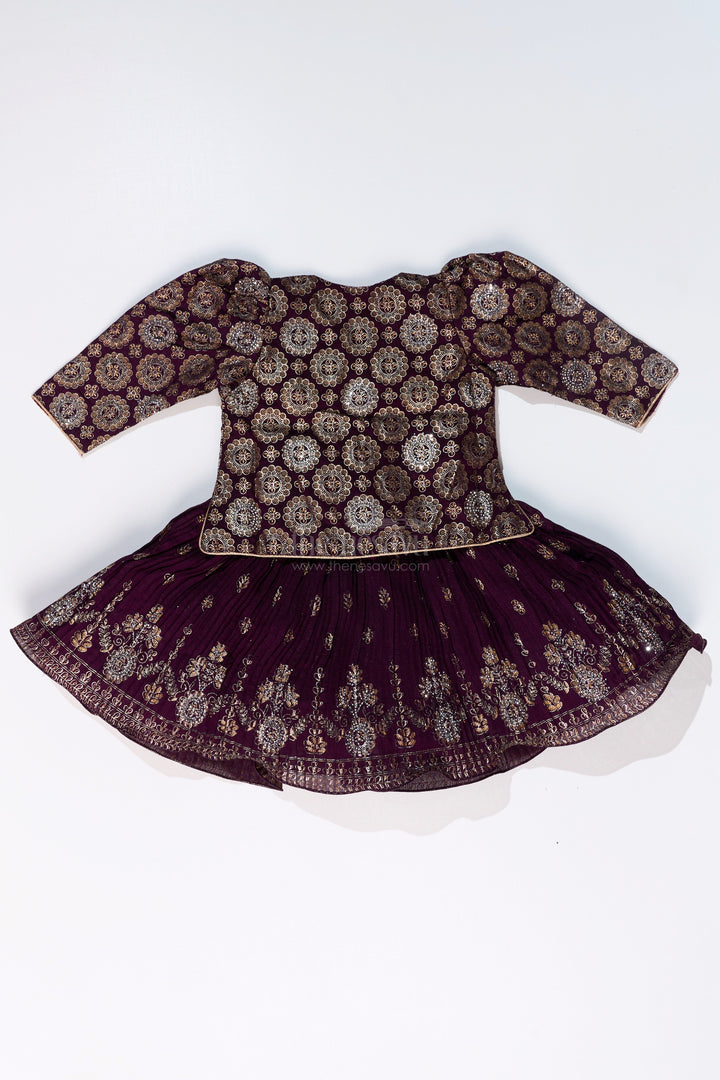 The Nesavu Silk Frock Charming Girls Purple Silk Dress with Gold Foil Prints and Elegant Embroidery Nesavu Girls Purple Silk Dress Gold Foil Prints Embroidered Bodice Festive Wear | The Nesavu