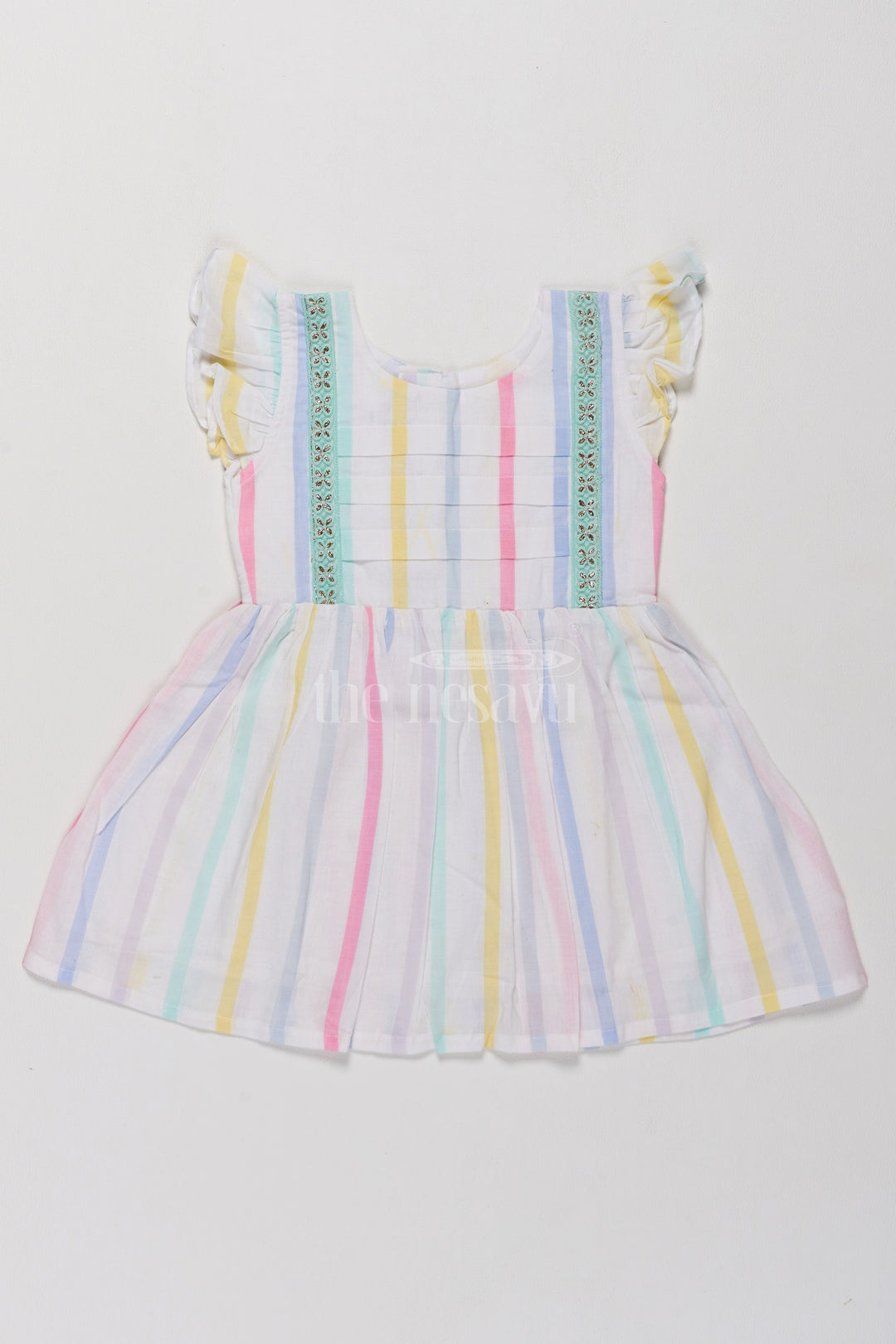 The Nesavu Girls Cotton Frock Charming Girls Short Party Frock in Pastel Stripes with Ruffled Sleeves Nesavu 16 (1Y) / Multicolor GFC1475A-16 Pastel Striped Girls Short Party Frock Ruffles  Comfortable Cotton Dress Nesavu