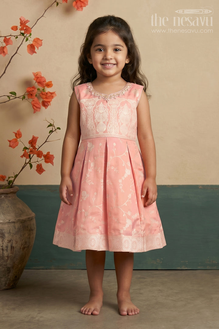 The Nesavu Silk Party Frock Charming Girls Short Silk Frock in Gold Tissue Banarasi Jacquard with Embroidered Yoke Nesavu 16 (1Y) / Peach SF976C-16 Girls Short Silk Frock Banarasi Jacquard Embroidery Gold Zari Patterns | The Nesavu