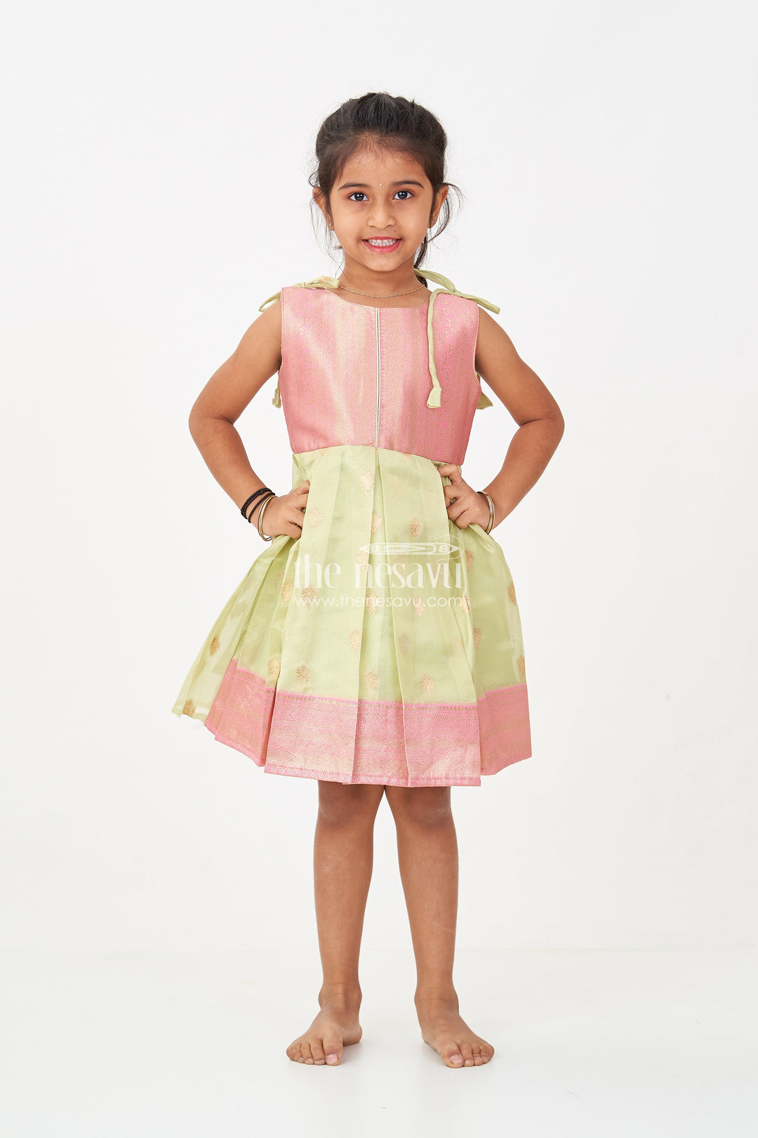 The Nesavu Silk Frock Charming Girls Simple Silk Frock in Gold Tissue Banarasi Jacquard with Dual-Tone Design Nesavu Nesavu Girls Simple Silk Frock Banarasi Jacquard Dual-Tone Elegance