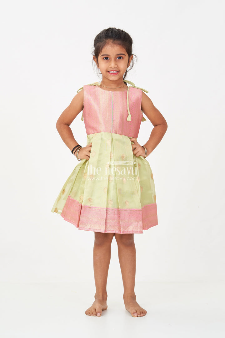 The Nesavu Silk Frock Charming Girls Simple Silk Frock in Gold Tissue Banarasi Jacquard with Dual-Tone Design Nesavu Nesavu Girls Simple Silk Frock Banarasi Jacquard Dual-Tone Elegance