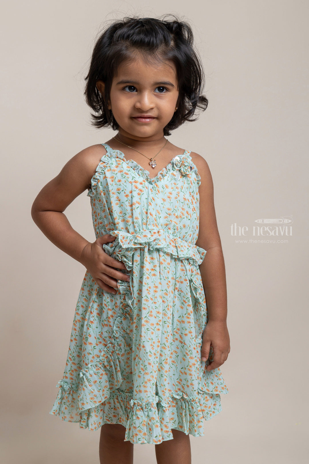 The Nesavu Baby Fancy Frock Charming Green Floral Printed Ruffled Chiffon Frock For baby girls Nesavu Baby girl cotton frocks | Latest Collection For Baby Frocks | The Nesavu