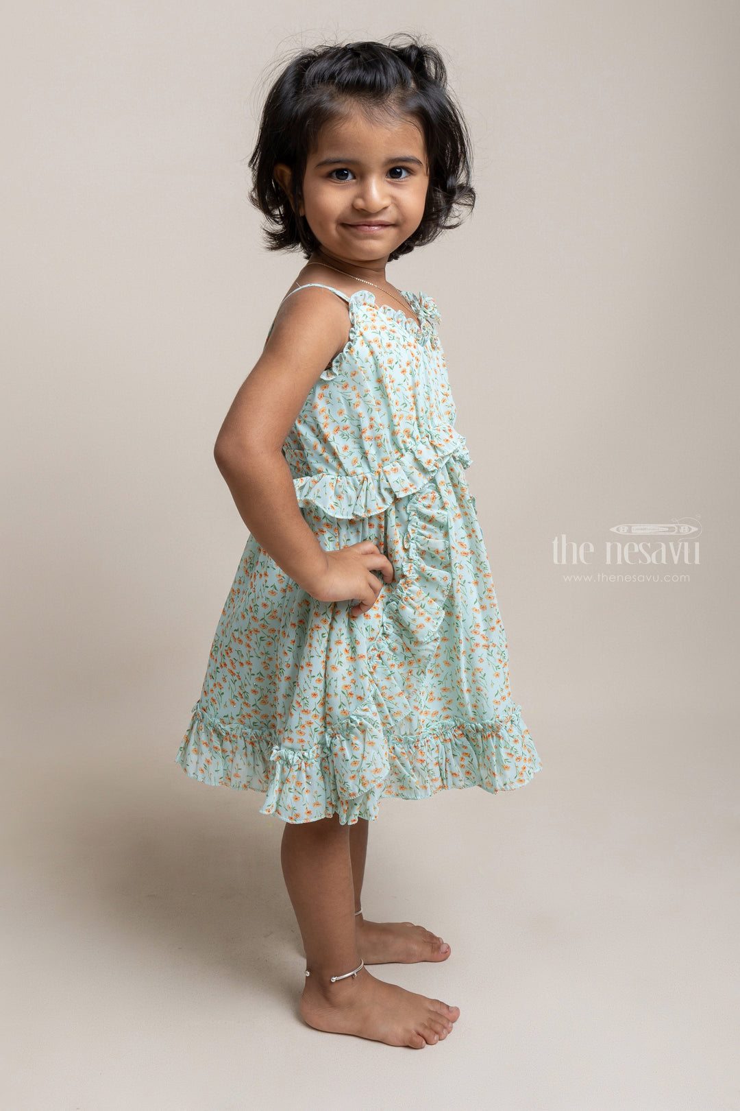 The Nesavu Baby Fancy Frock Charming Green Floral Printed Ruffled Chiffon Frock For baby girls Nesavu Baby girl cotton frocks | Latest Collection For Baby Frocks | The Nesavu